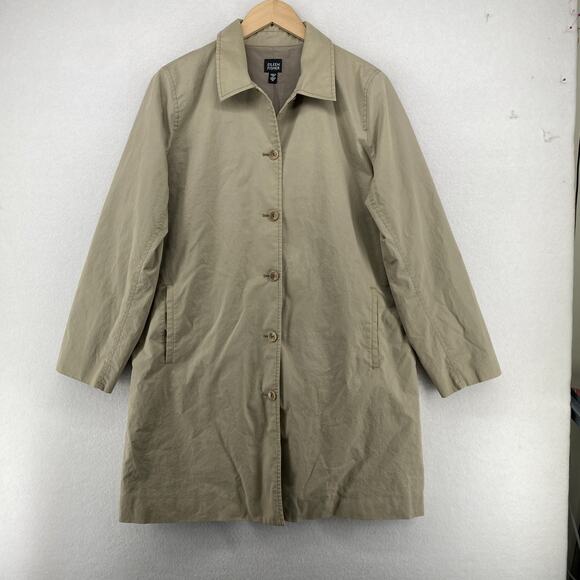 EILEEN FISHER Jacket M Twill Cotton Trench Coat Duster Button Front Gray - Picture 2 of 16